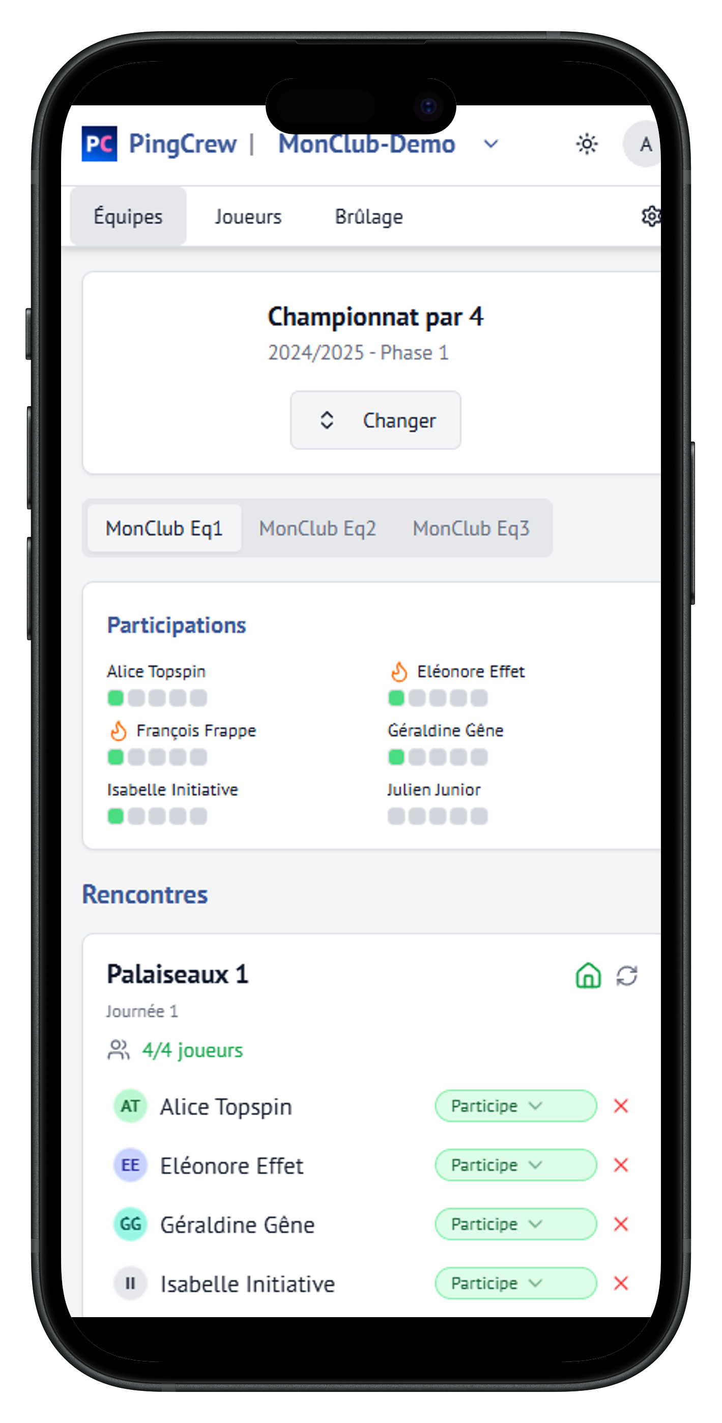 Capture d'écran de la gestion de composition d'équipe sur mobile.
