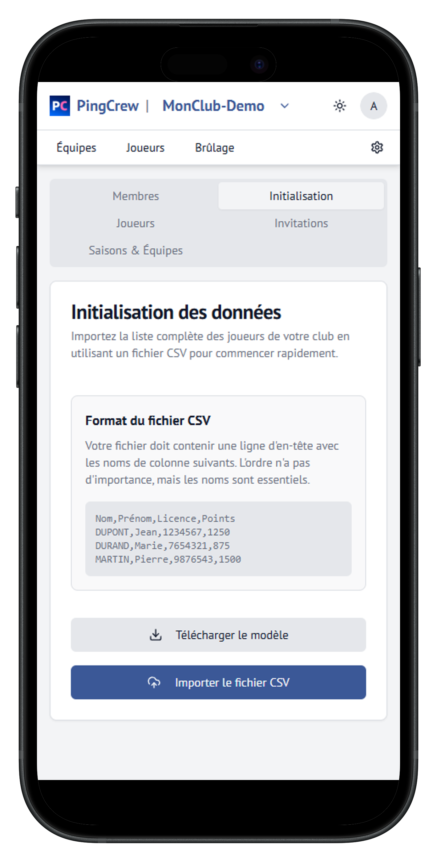 Capture d'écran du panneau de configuration du club.