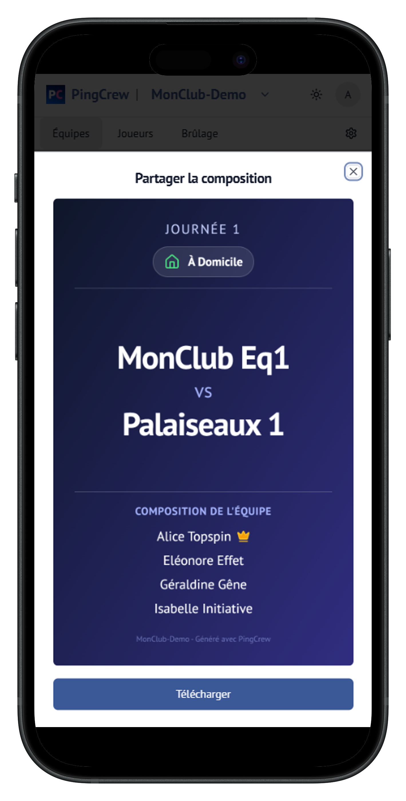 Capture d'écran du partage d'une composition d'équipe.